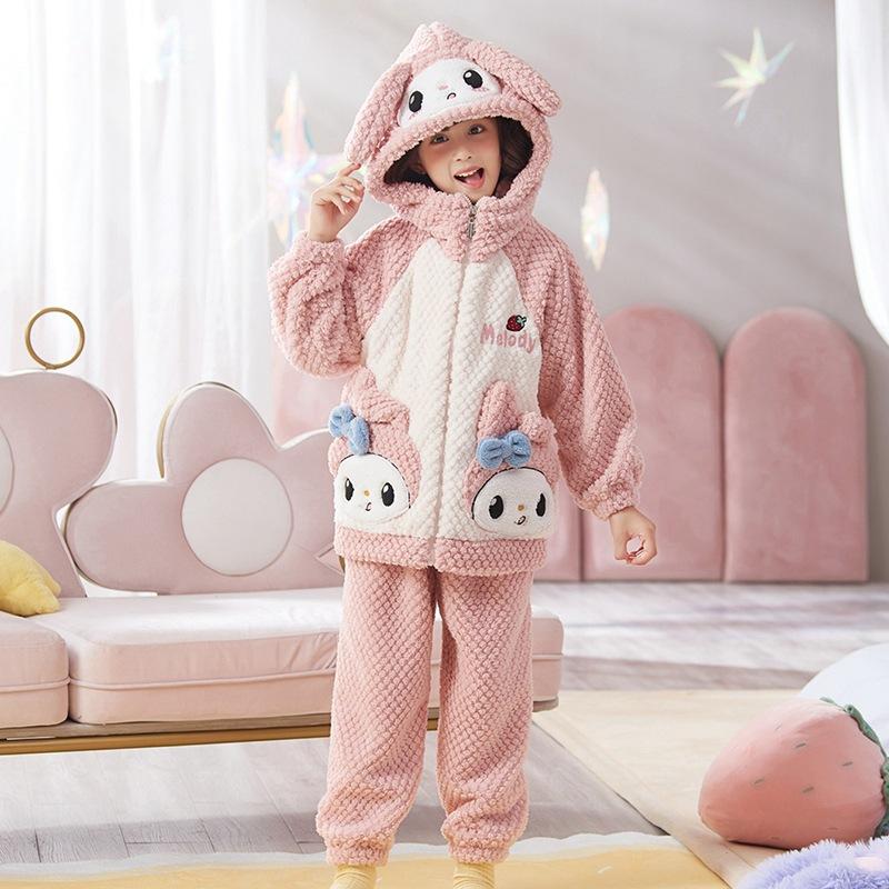 Kids Flannel Pajamas Set Boys Girls Warm Long Sleeve Top And Pants Sleepwear Winter Home Nightwear
