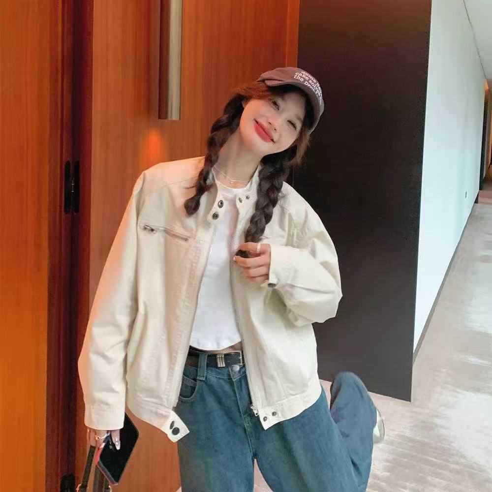 Double-Layer Lined Retro Stand Collar Women's Autumn Workwear Jacket – Loose Fit, Versatile, Short, Casual