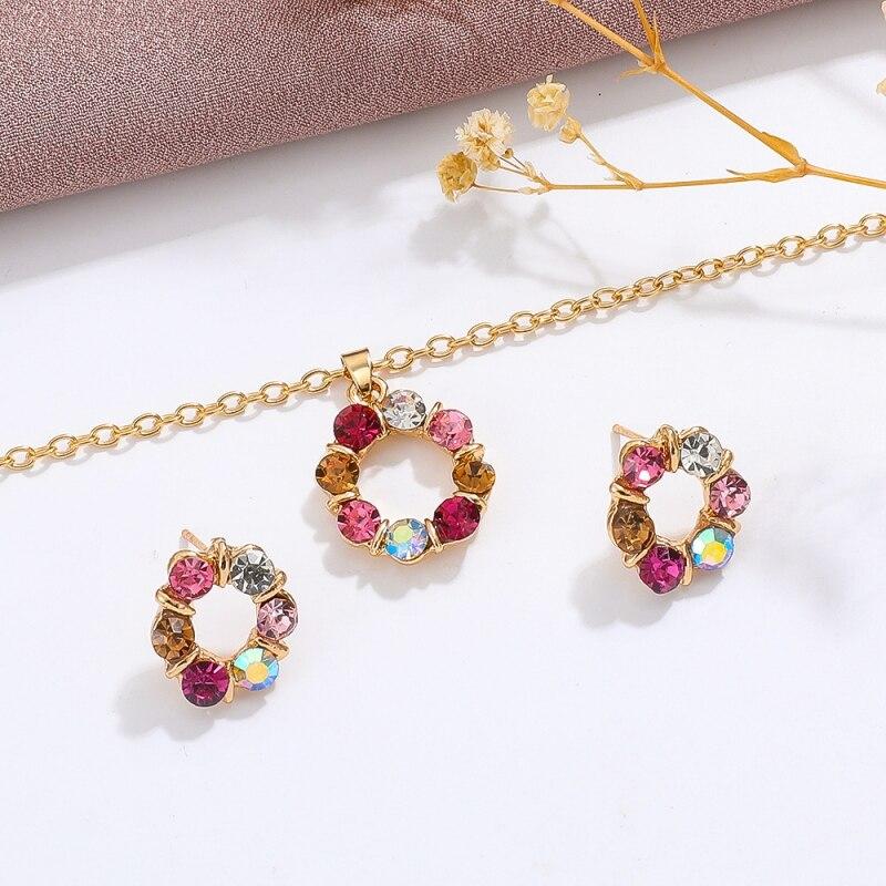 3pcs Necklace Earrings Set Ladies Celebrity Simple Fashion Style Exquisite Stained Glass Diamond Circle Shape Jewelry