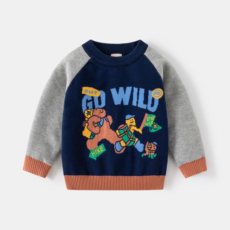 Autumn New Mountain Children's Clothing Boys Double-layer Cotton Thread Bear Holiday Pullover Sweater Children's Shoulder Sleeves Thick Top