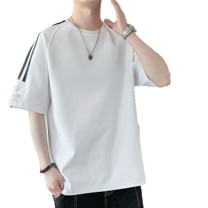 Striped Short Sleeved Men's T-shirt, Simple and Loose T-shirt, Shoulder Down, Five and A Half Sleeves, Plus Size