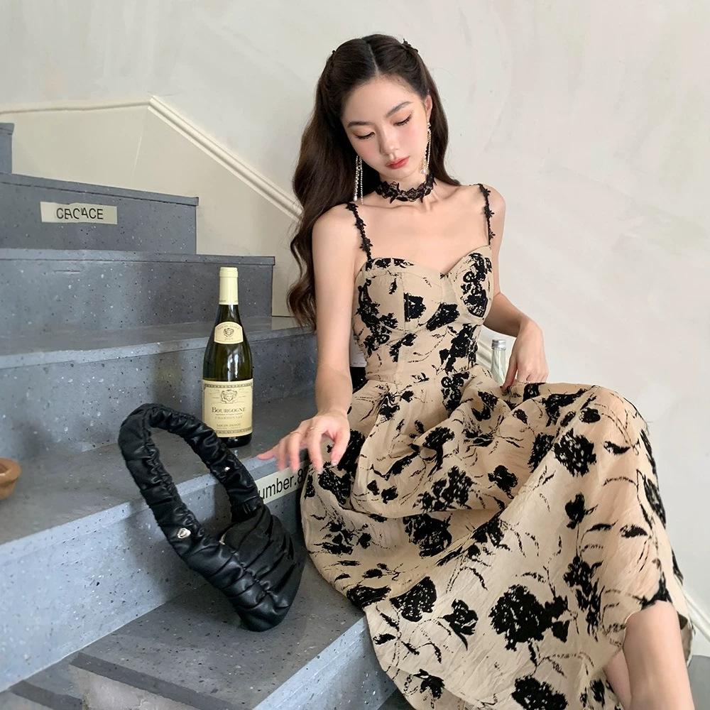 Real Summer Clothing New Hepburn Style Retro Niche Backless Printing Dress Female Sexy Suspender Skirt Trendy