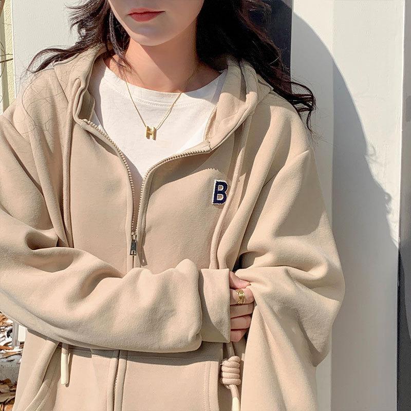 Velvet Loose Hooded Sweatshirt for Women Autumn and Winter 2024 New Burgundy Zipper Cardigan Thickened Jacket for Women Lazy Style