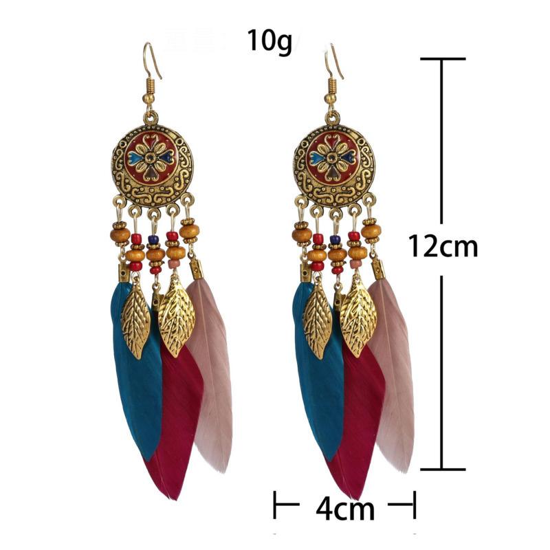 Bohemian Vintage Zircon For Women 2024 Trendy Carved Leaf Feather Tassel Long Earrings