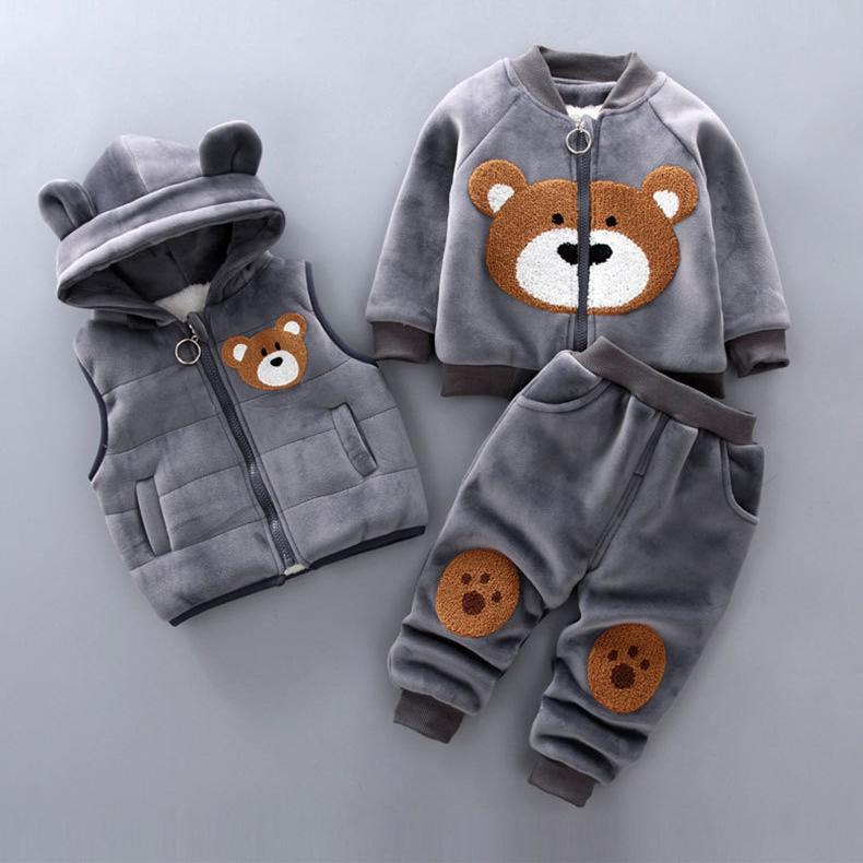 Baby Clothes Boys Plus Velvet Long-sleeved Sweater Girls Warm Hooded Vest Cotton Three-piece Cartoon Bear Suit