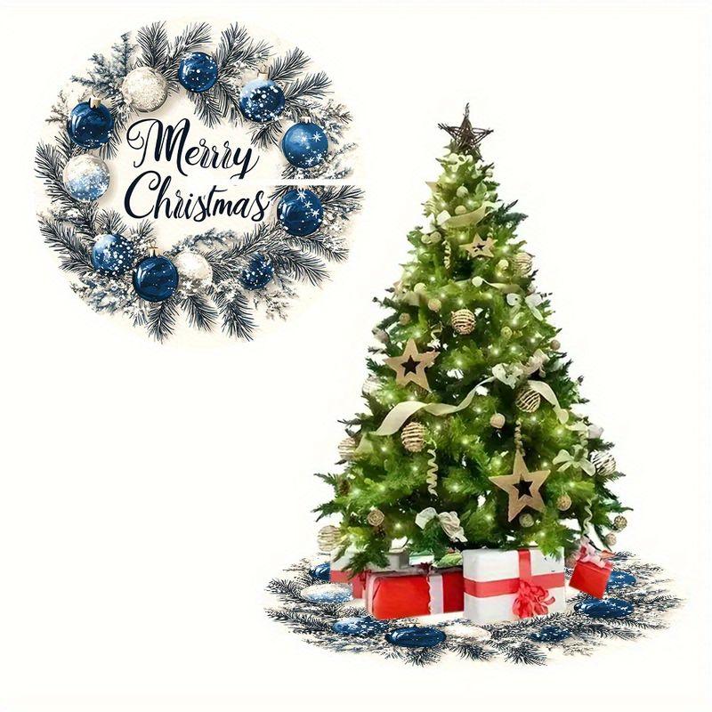 Blue Bauble Tree Skirt Merry Christmas Script Navy Ornament Pine Washable Xmas Rug Snowy Branch Happy New Year Home Decor