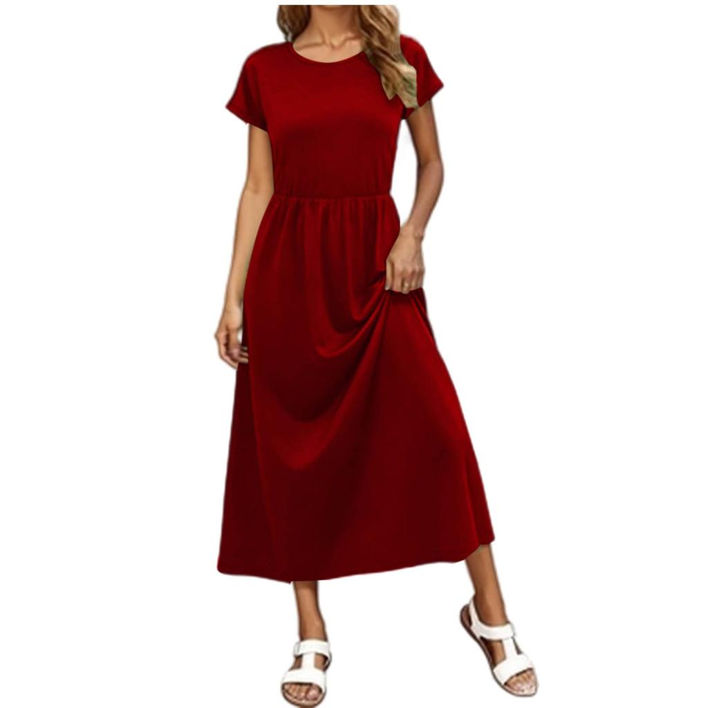 Women's Fashion Casual Short Sleeve Round Neck Elastic Waist Draped Pocket Dress