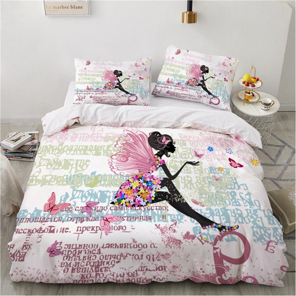 Cartoon Girly Butterfly Duvet Cover Lovely Pink Flower Fairy with Wings Romantic for Children Women Gifts for Bedroom Decoration