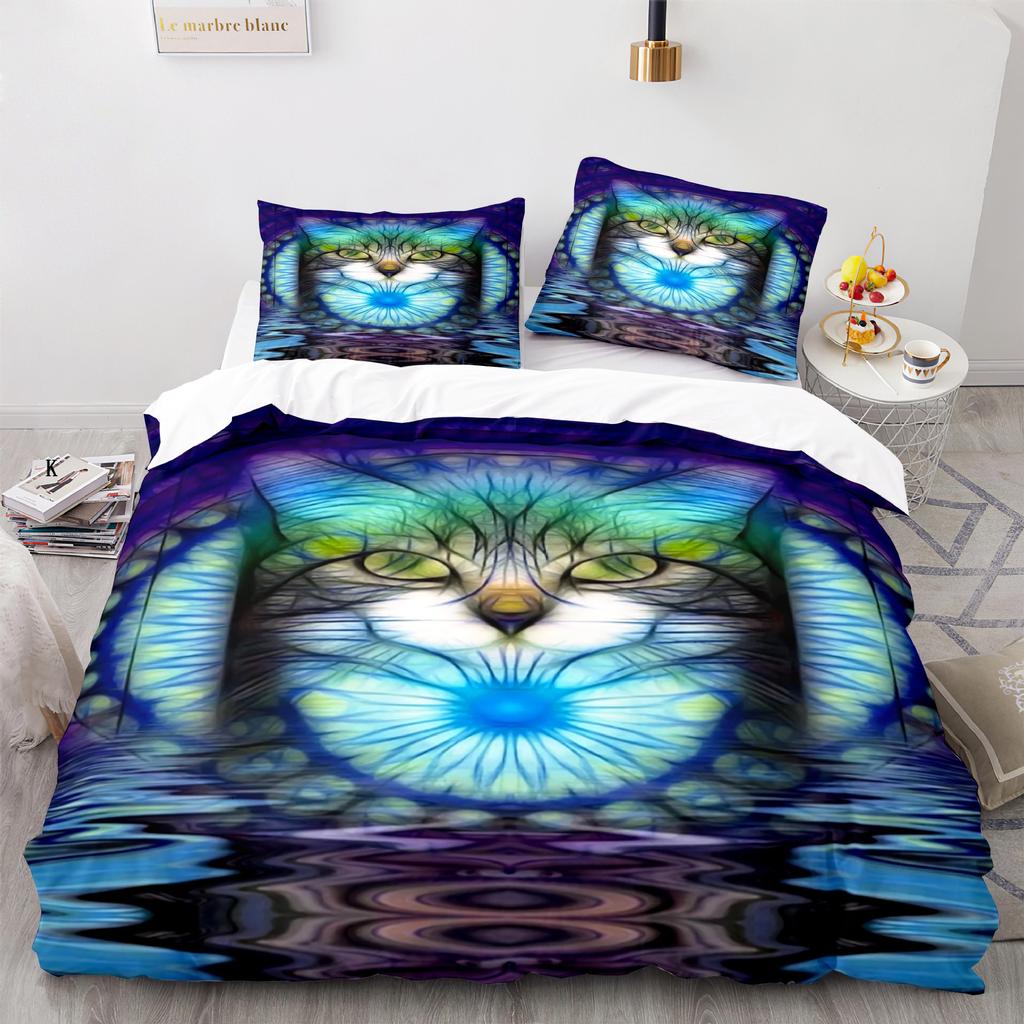 Cat Duvet Cover Set King Size Cute Cats Pattern Bedding Set Decorative Animal Polyester Comforter Cover with Pillowcases for Kid