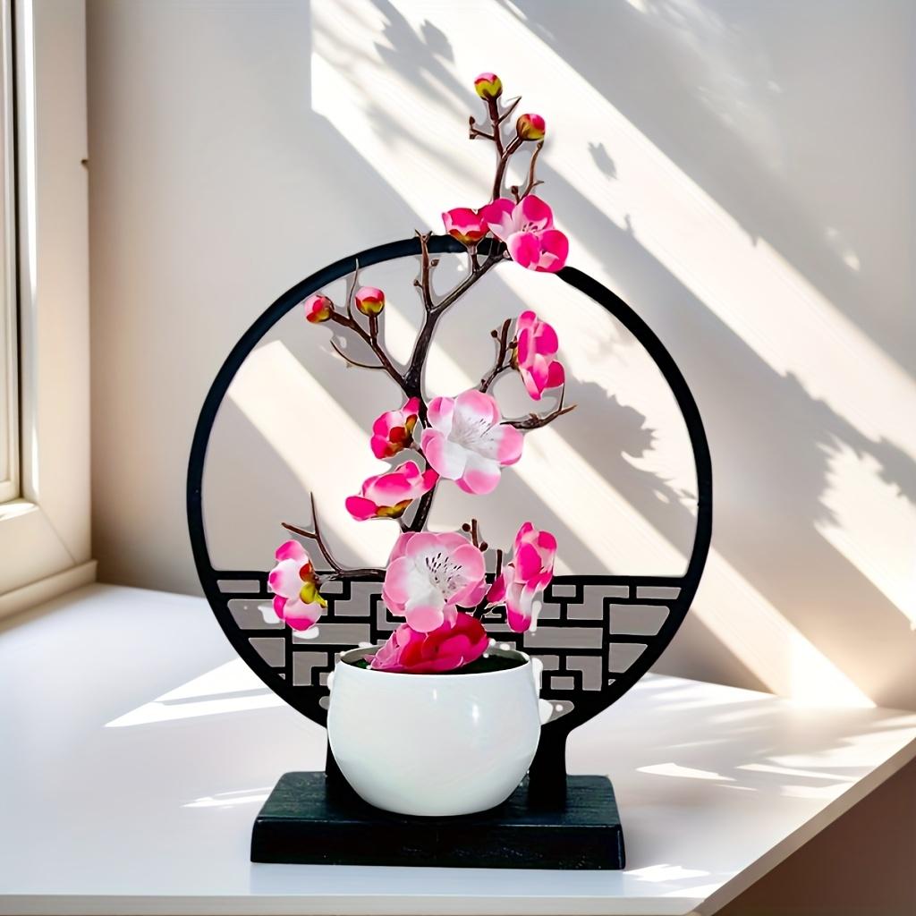 Elegant Chinese-Style Artificial fower Plum Blossom Bonsai Set with Screen Base - Perfect for Home and Office Decor,
