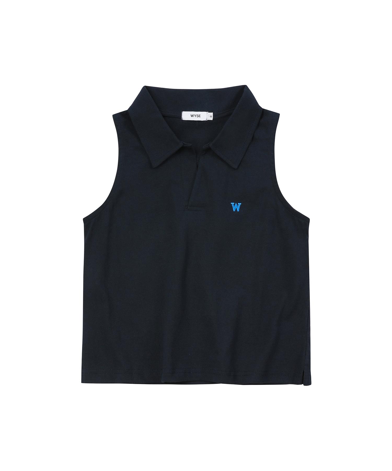 Wise Slit Collar Crop Sleeveless Top (Navy) M