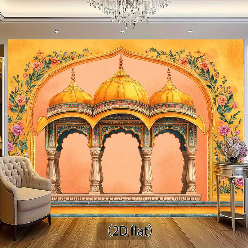 Traditional Indian 2D Backdrop, Mughal Temple Floral Watercolor Photo Background