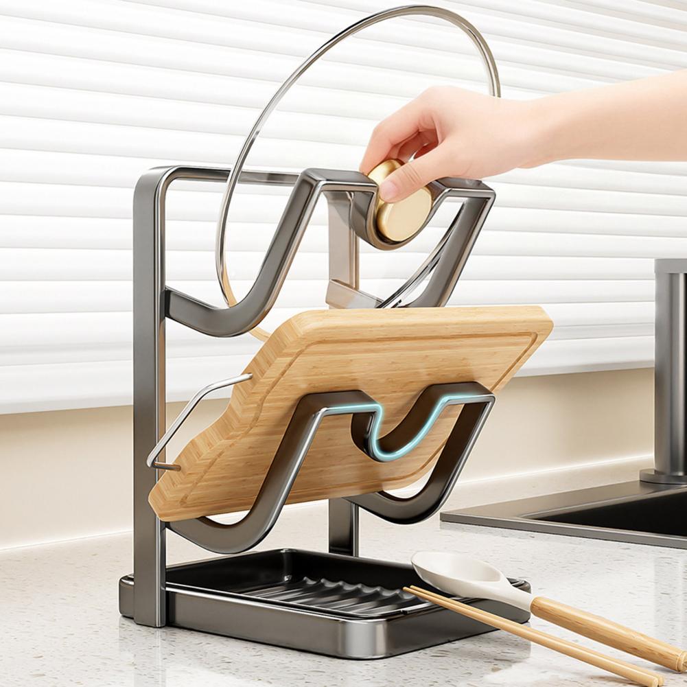 Pot Lid Storage Rack Kitchen Counter Organizer Countertop Pot Lid Organizer with Removable Drip Tray Spoon Kitchen for Lids