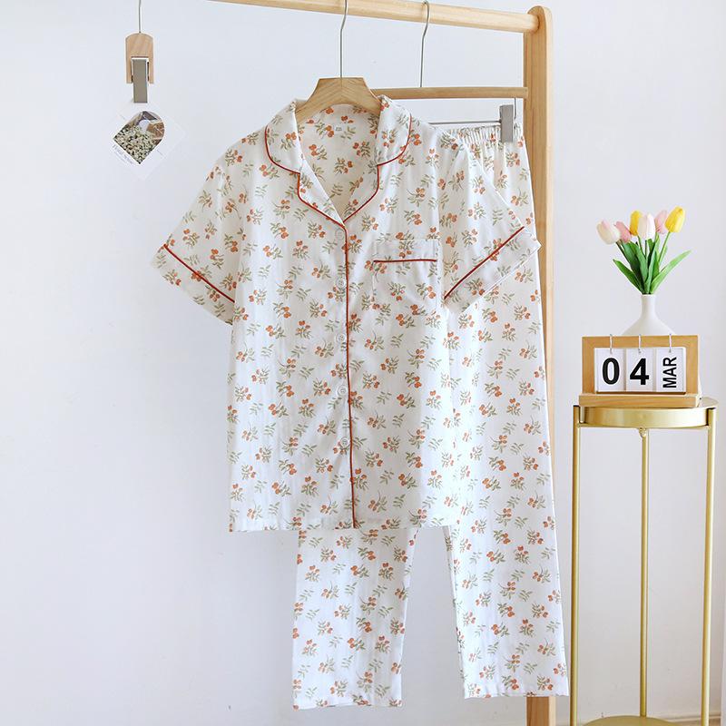 New Spring and Summer Short-sleeved Trousers Pajamas 2-piece Set 100% Cotton Gauze Flower Cartoon Home Wear Set
