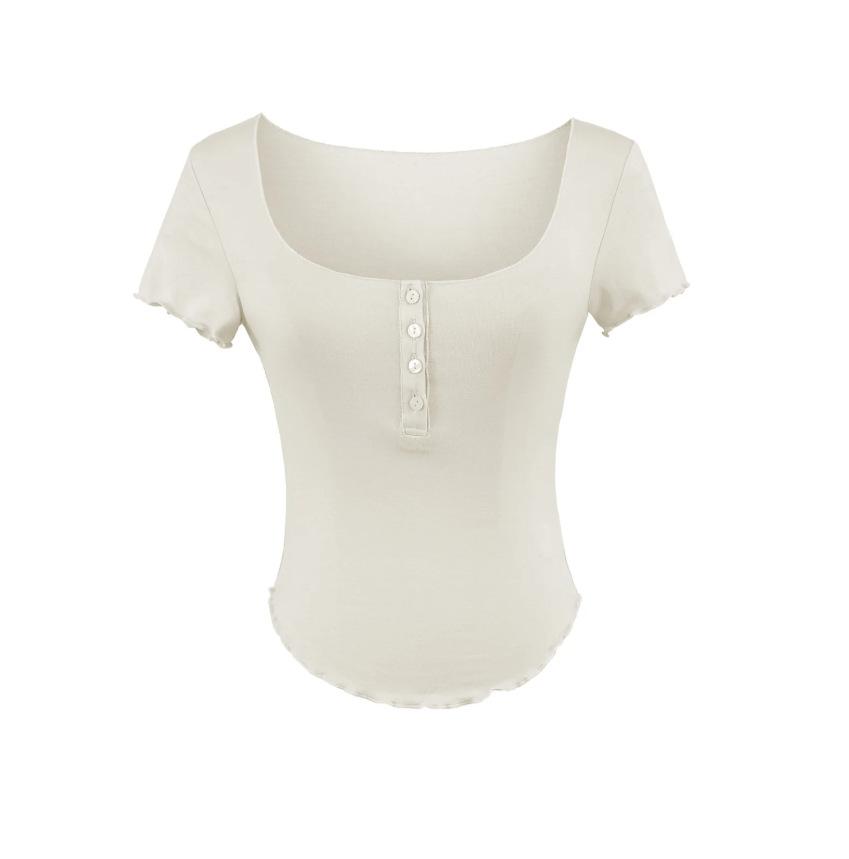 Square collar button short-sleeved T-shirt women's summer new American Spice Girl style slim-fitting curved hem bottoming top