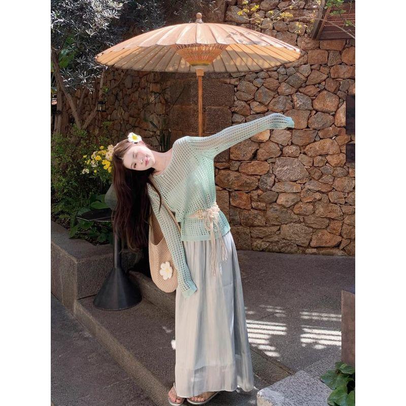 Kumikumi Fashion Set Loose Hollow Out Long Sleeve Knit Women Autumn High Waist Slimming Skirt Two-piece Set