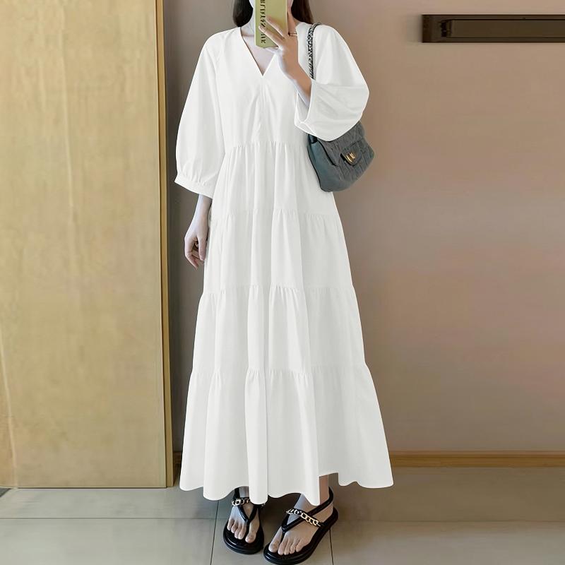 

ZANZEA Женское повседневное длинное платье-рубашка с V-образным вырезом, однотонное, с рукавами 3/4, свободного кроя M белый