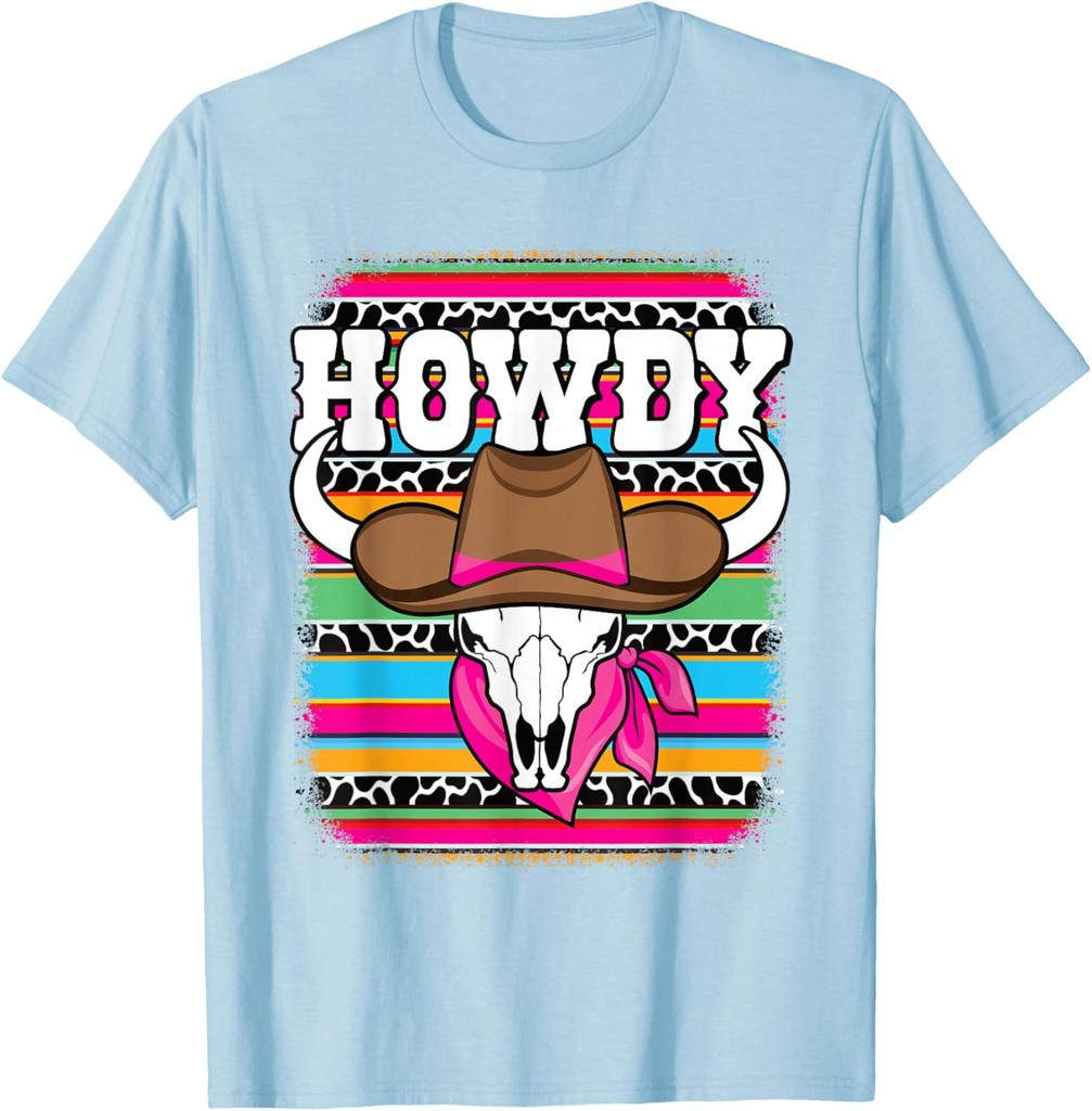 Howdy Cow Skull Western Rodeo Graphic Tee Breathable Short Sleeve Casual T-Shirt for Women