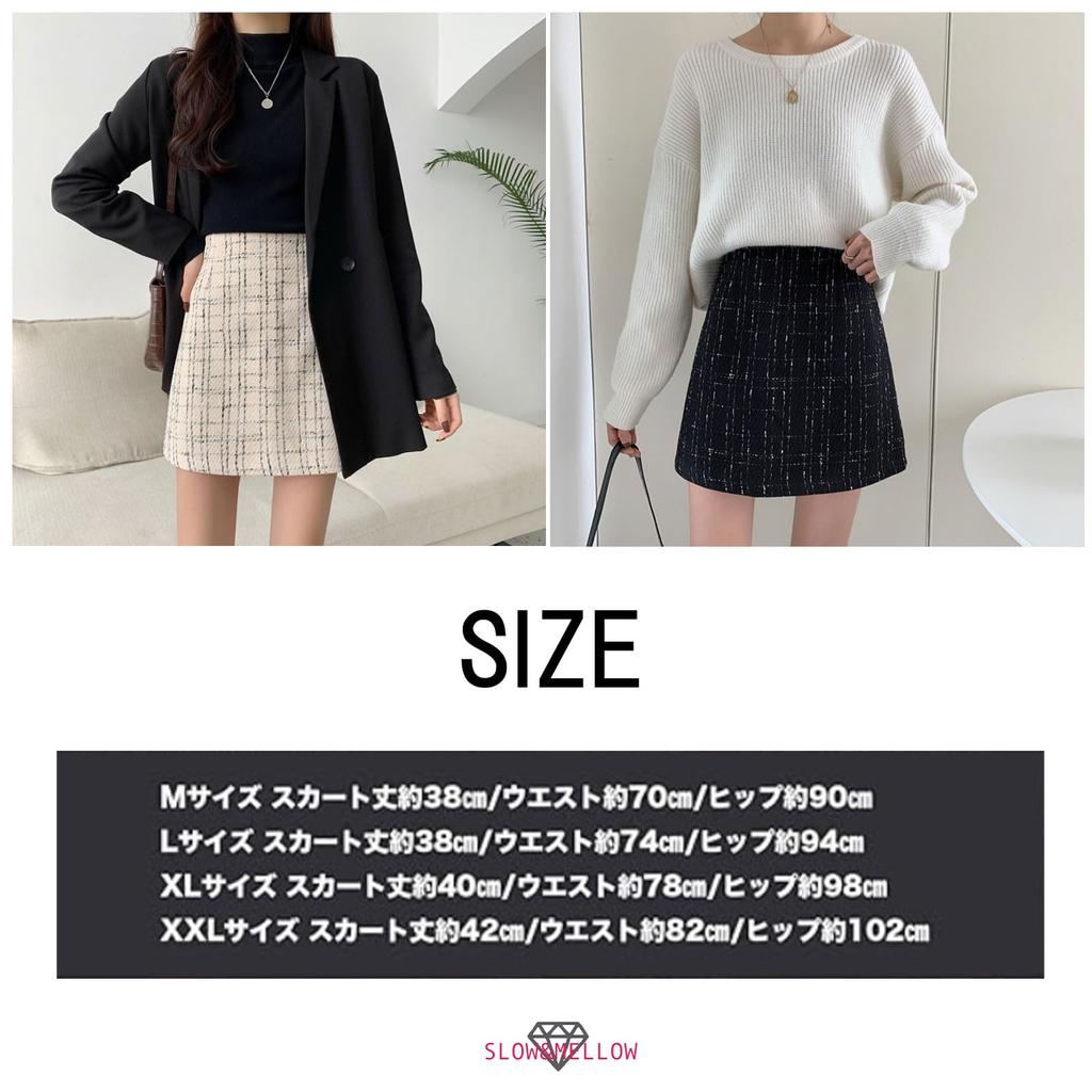 SLOW MELLOW Tweed Mini Skirt with Above the Mini Korean Tight 2 Skirt with Check High Waist & Women's Lamé Yarn, Knee, Length, Casual, Elegant, Style,