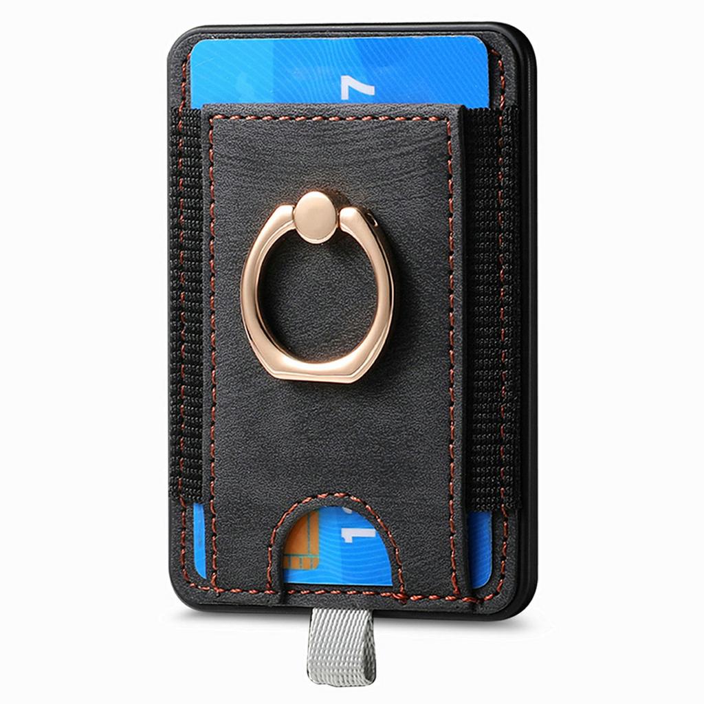 MC-W6 Universal Magnetic Card Holder with Ring Kickstand PU Leather Phone Card Bag