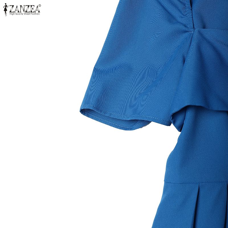 ZANZEA Elegant Women Square Collar Summer Casual Short Sleeve Dress