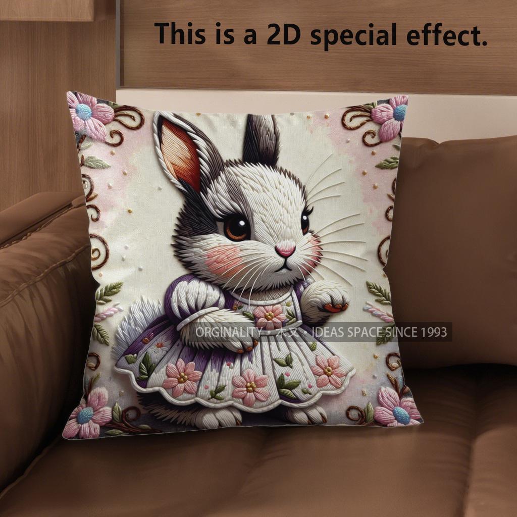 2D Cute Bunny Dressed In Floral Dress Cushion Covers Pattern Cushion Cover Suitable For Sofa Bedroom Car Pillow Cover