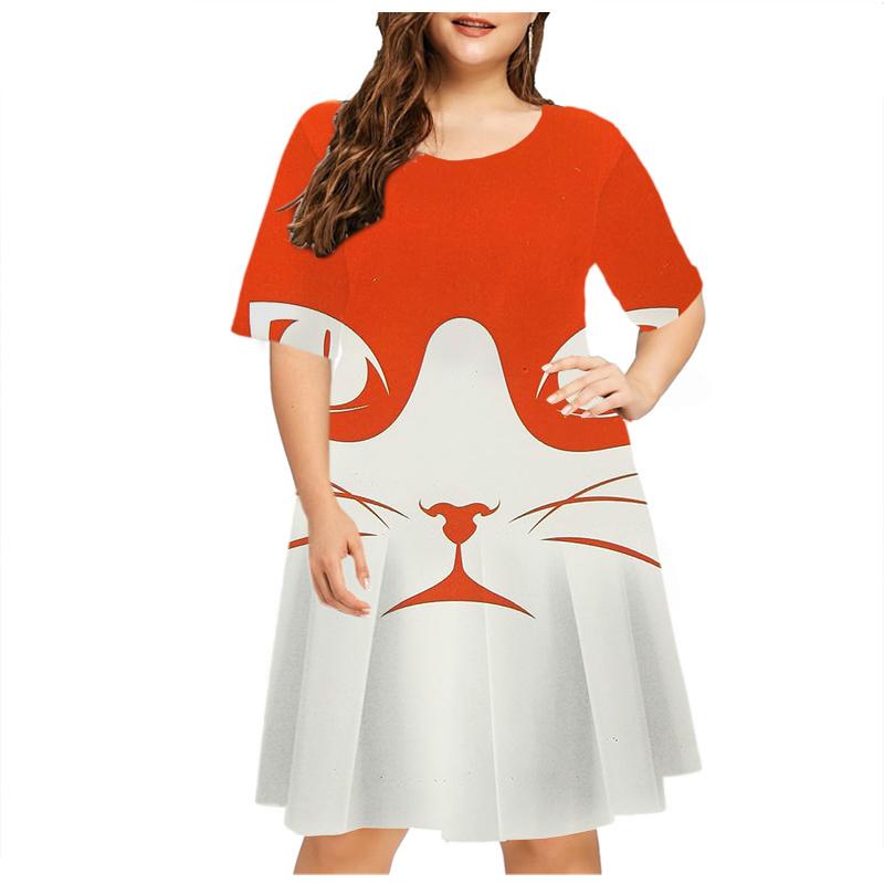 Starry Sky Cat Graphic Dress For Women Tie Dye 3D Printed Casual Loose Plus Size Dress Short Sleeve Fashion Hip Hop Kawaii Dress