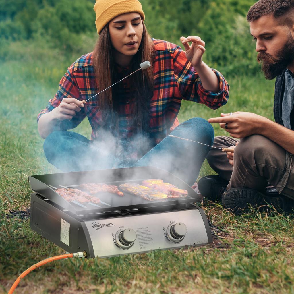 Gas Plancha Barbecue Grill with 2 Stainless Steel Burner, 6kW