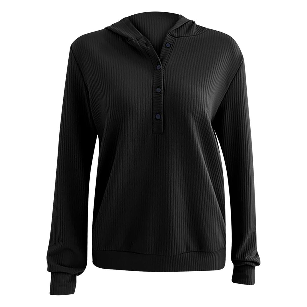 Ladies Casual Color V-neck Button Drawstring Hooded Loose Long Sleeves