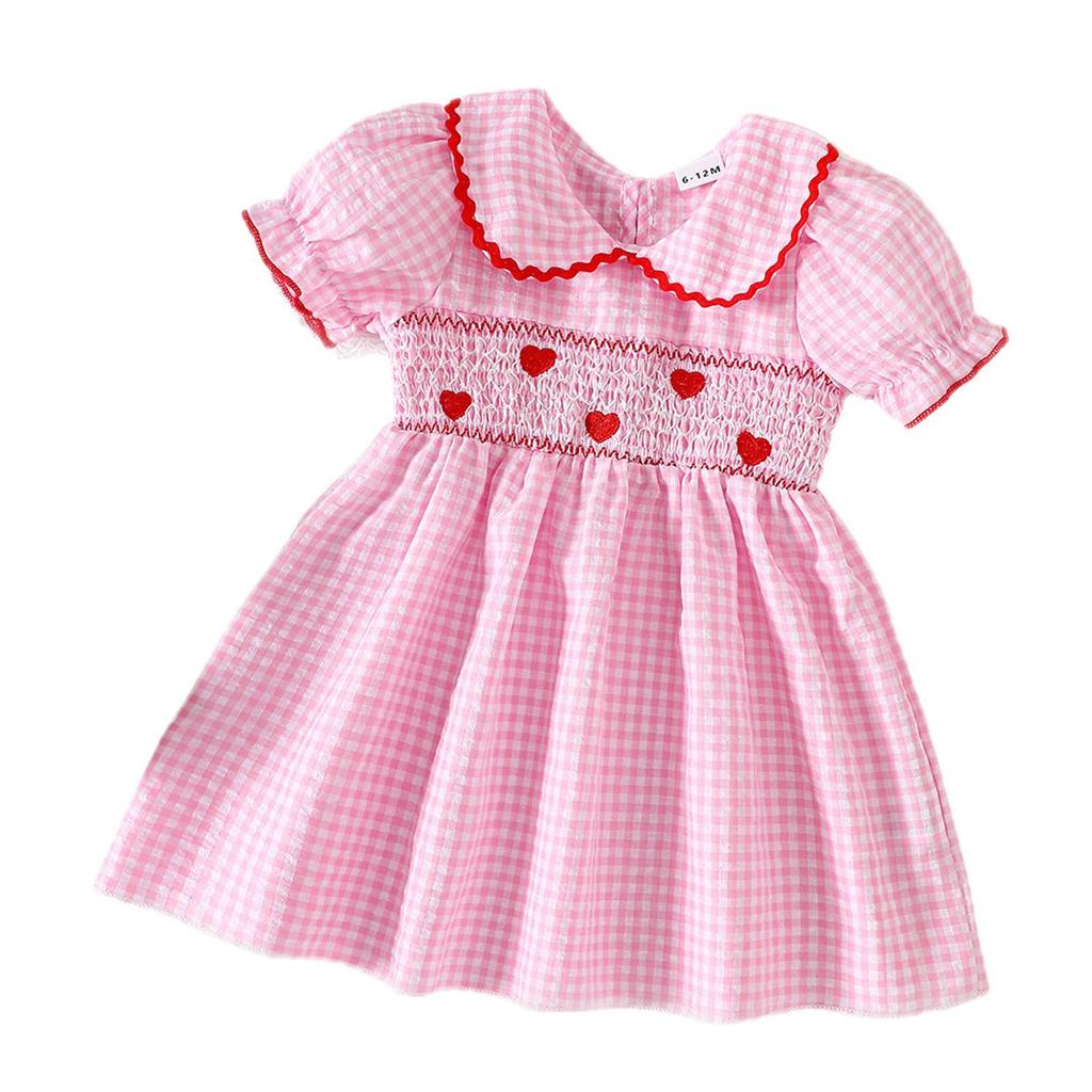 Girls' Heart Embroidery Dress with Doll Collar & Puff Sleeves