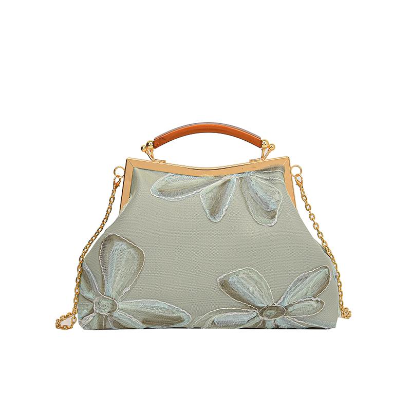 Women's Embroidered Shoulder Bag Fashion Metal Handle Crossbody Purse Chain Strap Elegant Party Clutch