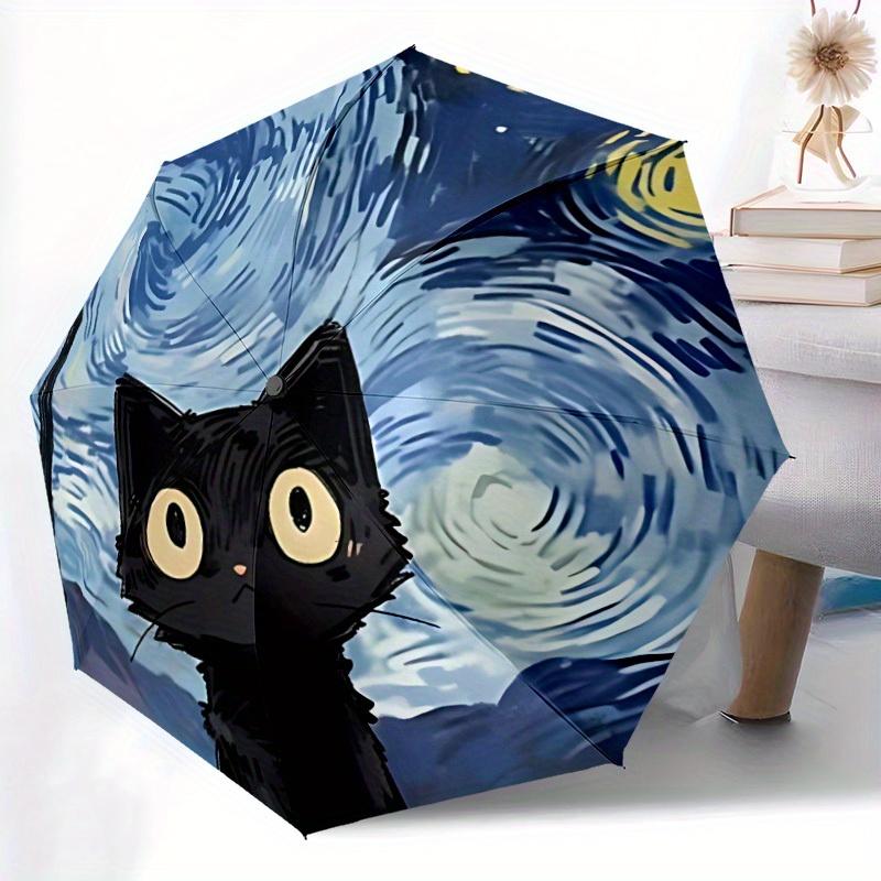 1pc Black Cat Automatic Open/close Folding Umbrella, Compact Portable Travel Umbrella,Durable Construction Yy250814189