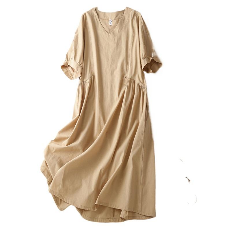 Real Summer New Literary Large Size Loose Solid Color V-neck Short-sleeved Dress Women's Medium and Long Models