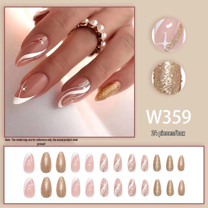 Stylish Almond Nails: French Wave Glitter Design for a Sweet and Fashionable Look, Skin-Whitening, Press-On