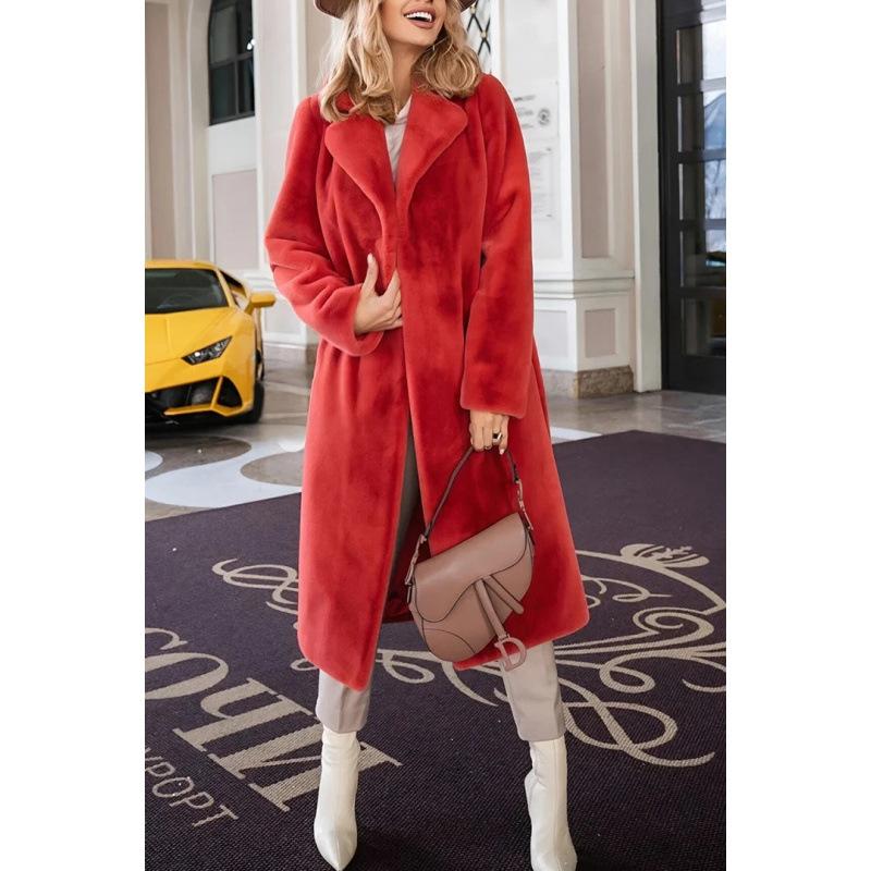 2024 Herbst/Winter Damenmode Modische Elegante Schnürung Revers Plüsch Lange Jacke für Damen