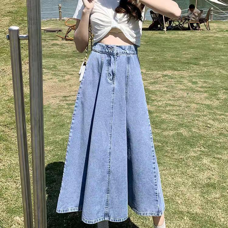 High-Waisted Plus-Size Pleated Denim Midi Skirt for Women - Slimming, Over-the-Knee, New Style