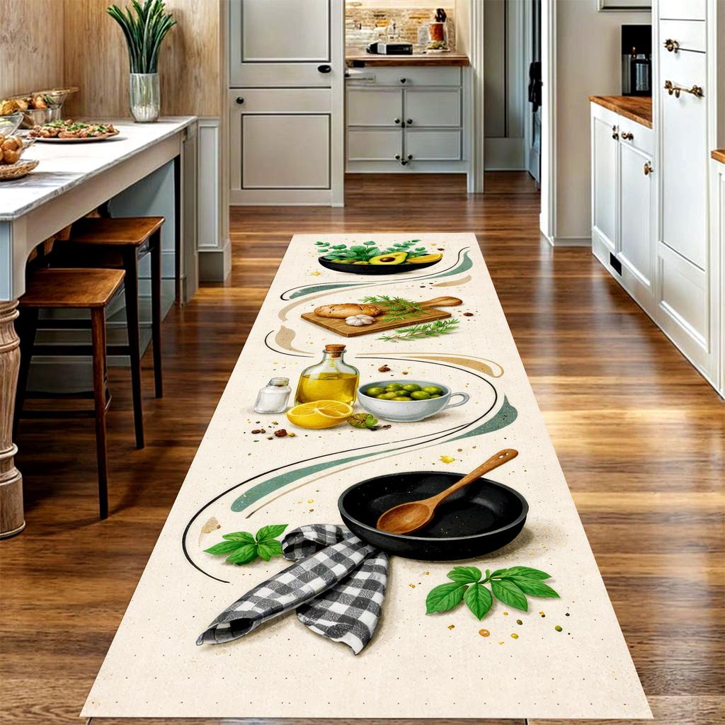 Spice Spoon Print Long Runner Rug,Kitchen Food Theme,Decorate kitchen corridor,living room,entry hallway,balcony area