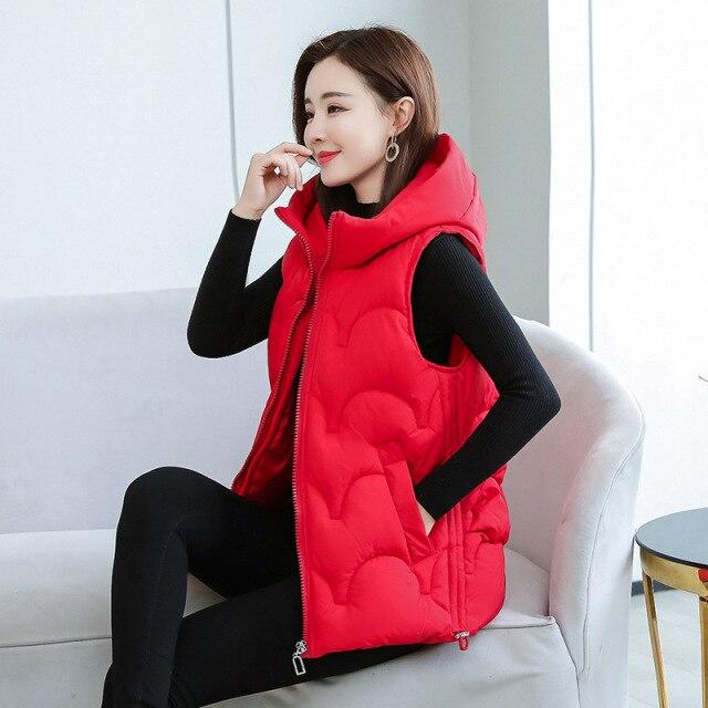 Autumn and Winter Women's Solid Color Loose Vest Drawstring Hooded Long Vest Jacket Cotton Padded Women's Windproof Warm Vest