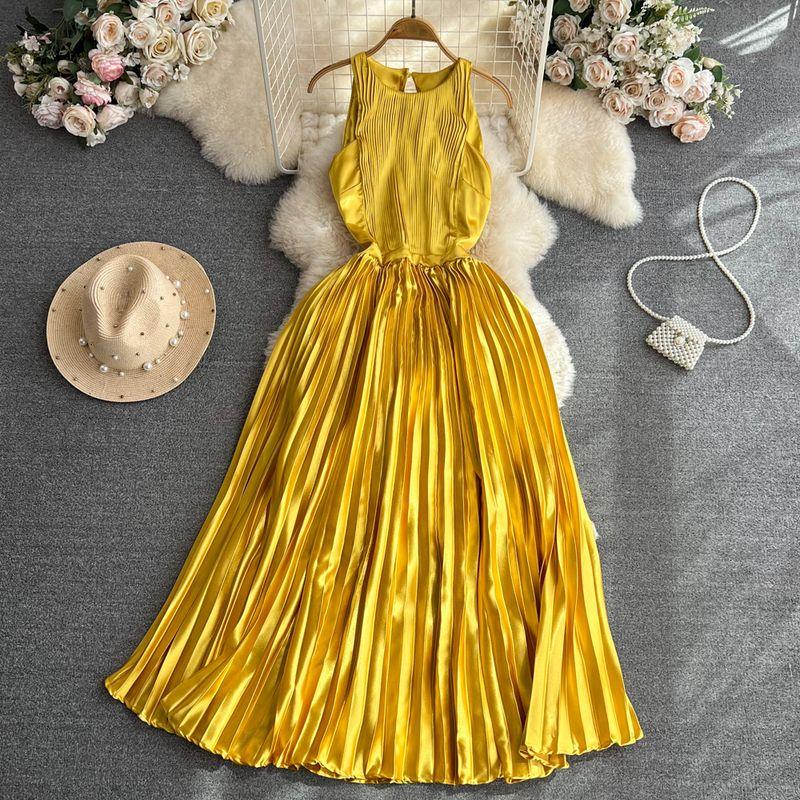 

round Neck Gloss A- line Pleated Elegance Large Swing Dress Bright yellow One size
