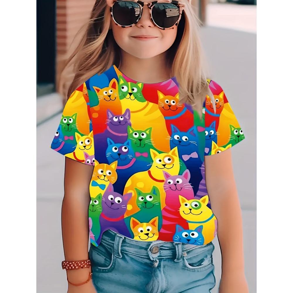 Colorful Cat Girl's T-Shirt Cute Patterns Summer Short Sleeves 3D Print Girl's Top Fashion Casual Streetwear Children's Clothing
