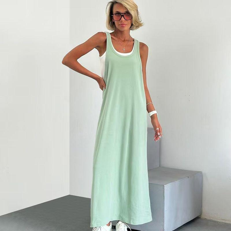 

Western Style Autumn New White Vest Loose Long dress Two-Piece Tank Top + Long Skirt Set Green S