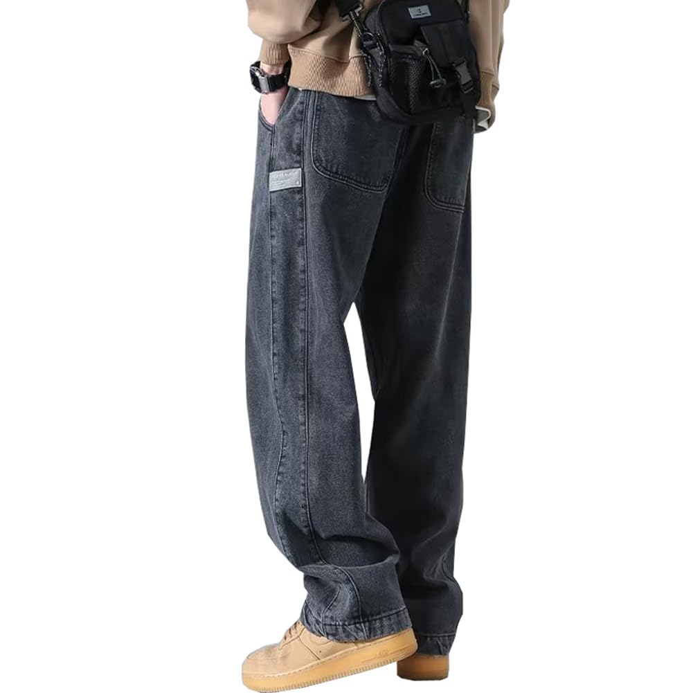 FJLTDCP Wide Leg Denim Loose Distressed Elastic Straight Hip Hop Streetwear Solid Adjustable Men's Pants, Fit, Finish, Waist, Fit, Fashion,