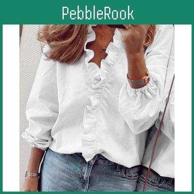 Mode Printemps Vezfaa Décontracté Femmes Automne Couleur Unie Impression Manches Longues Col en V Chemisiers Chemises