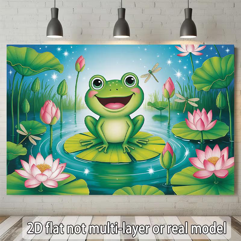 2D Cartoon Frog Backdrop Lotus Pond Dragonfly Photography Background Banner