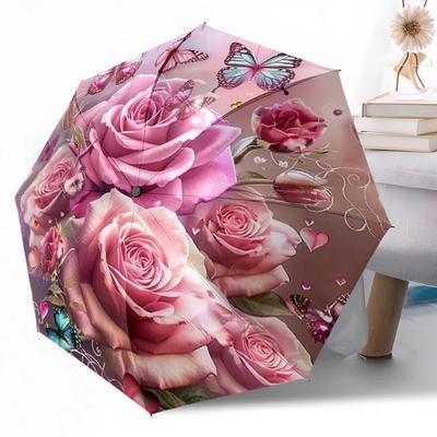 Pink Roses And Butterflies Automatic Umbrella Retractable Design with 8-Rib Durability Sturdy Construction All-Season Umbrella for Travel