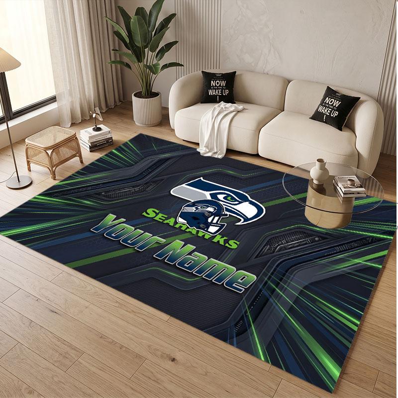 Custom Rug Seattle Seahawks Pattern Print Name Text Soft Non‑Slip Floor Carpet for Home Indoor Decoration