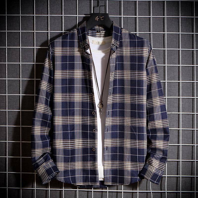 Men Fashion Plaid Long Sleeve Loose Casual Stand Collar Shirt
