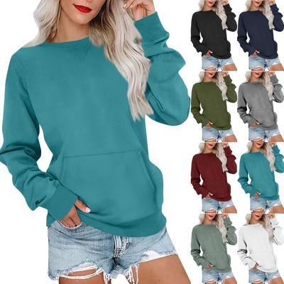 Damen Casual Fashion Bequeme Langarm Einfarbig Rundhals Taschen Pullover Tops