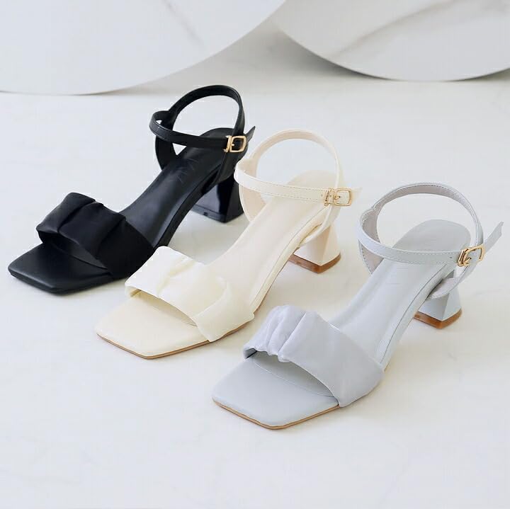 Vivian Organza Tulle Sheer Ankle Strap Sandals with 6cm Chunky Size S V64105SM Women's Heel, Black, (22.0-22.5cm),