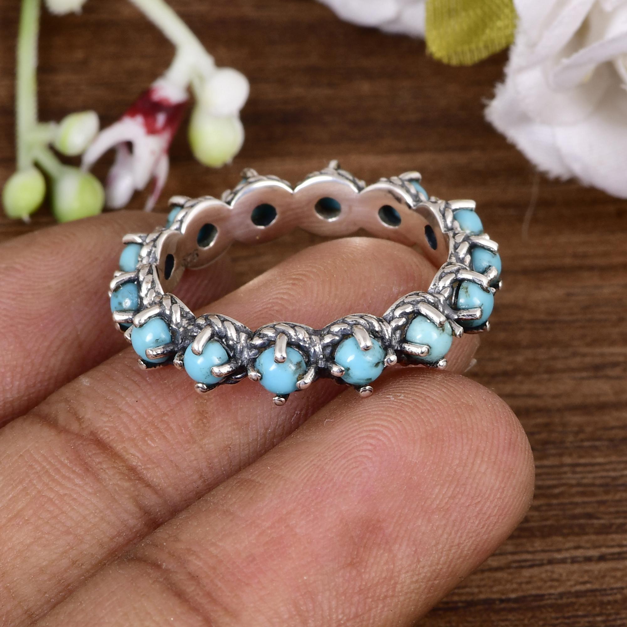 Arizona Turquoise Eternity Band Ring | 3mm Sterling Silver Stackable Ring | Gift for Anniversary, Weeding, Purpose. 5